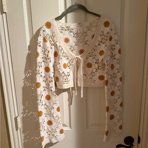 Jessica Simpson Cream Crochet Tie-Front Shrug with Yellow Daisy Accents